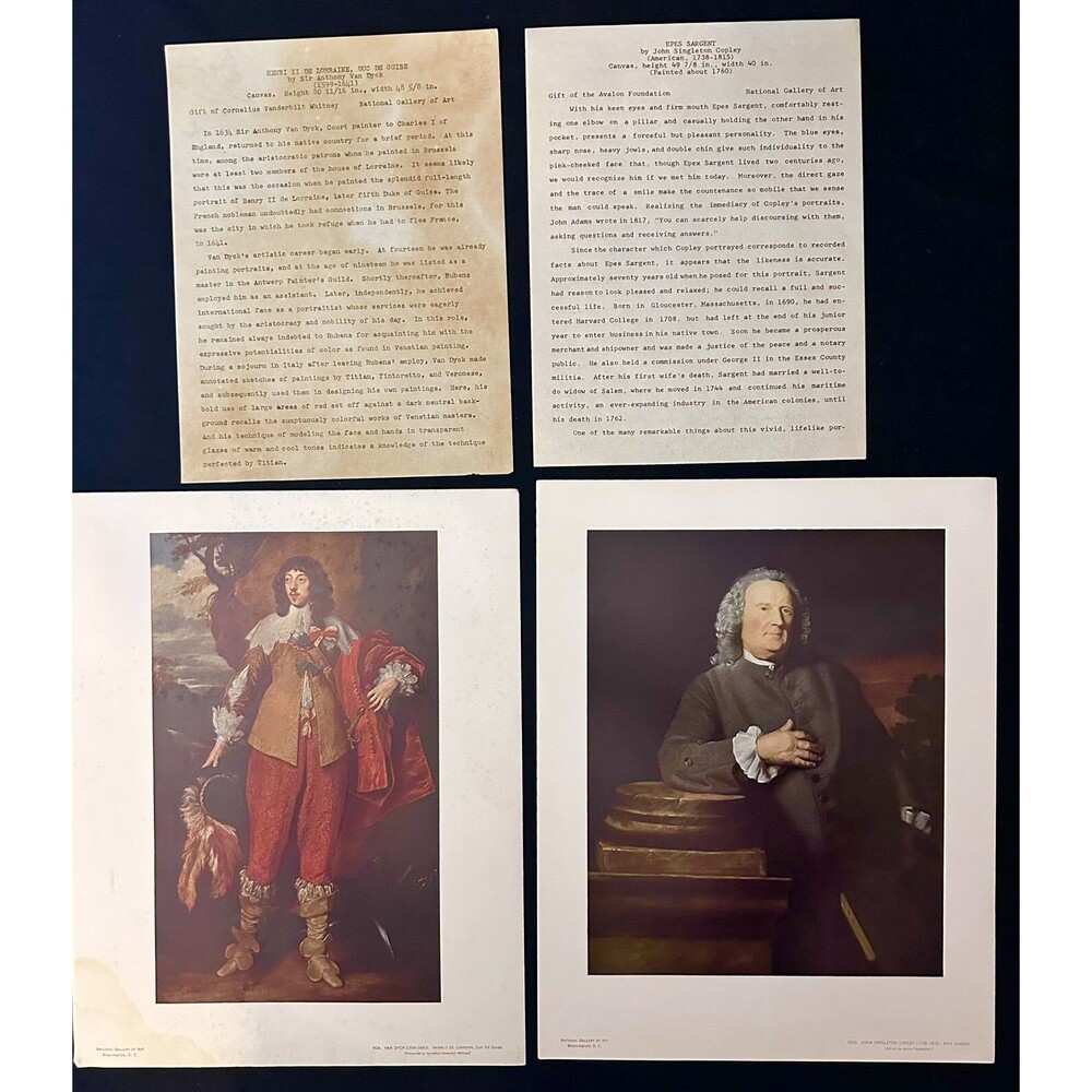 Lot of 2 Vintage Art Prints w/Letter presention Copley/Van Dyck National Gallery